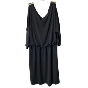INC International Concepts Black Open Cut Shoulder Dress Gold Accents MEDIUM